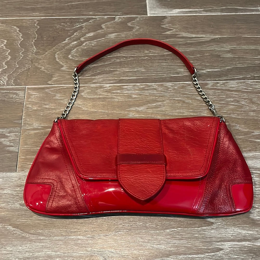 Bebe red leather and patent leather shoulder bag